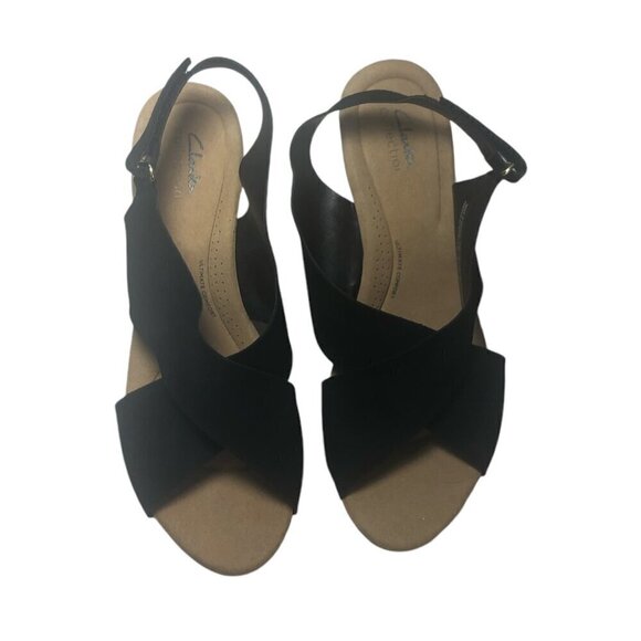 CLARKS Annadel Eirwyn Wedge Sandals Women's Size 11 Black Slingback Leather - Picture 14 of 14